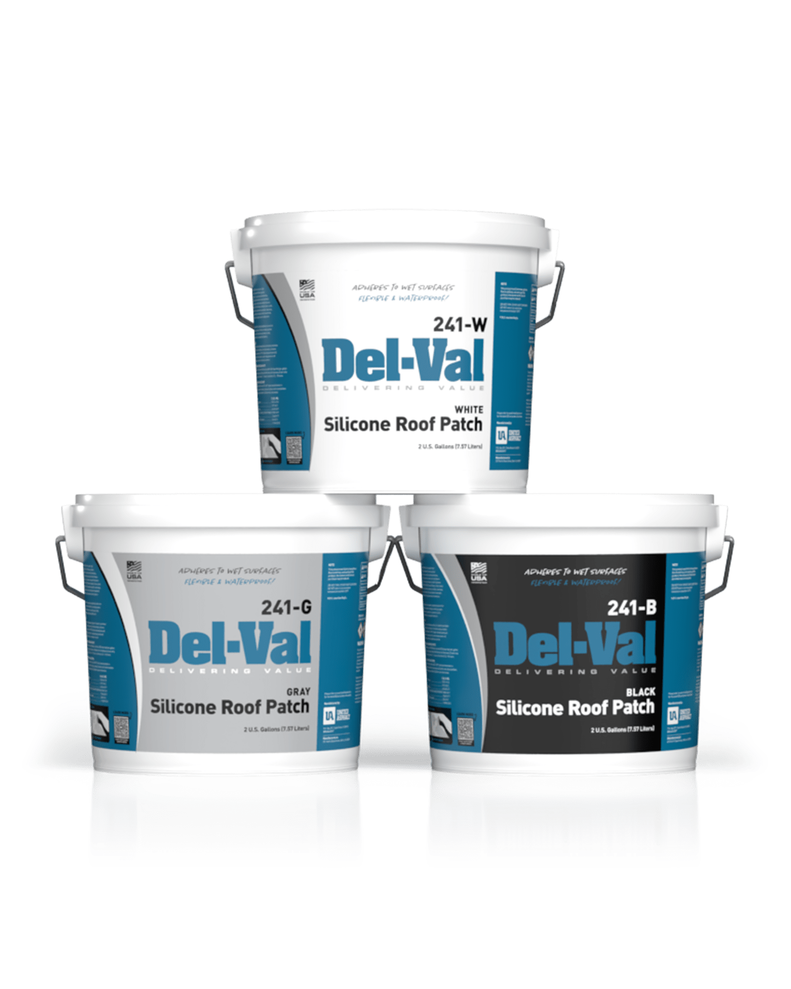 Del-Val 241 Silicone Roof Patch Stacked Pyramid of 2 Gallon Plastic Buckets
