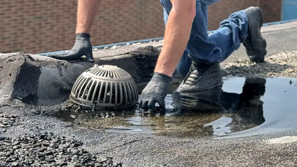 Image of ponding water around a roof drain needing repair